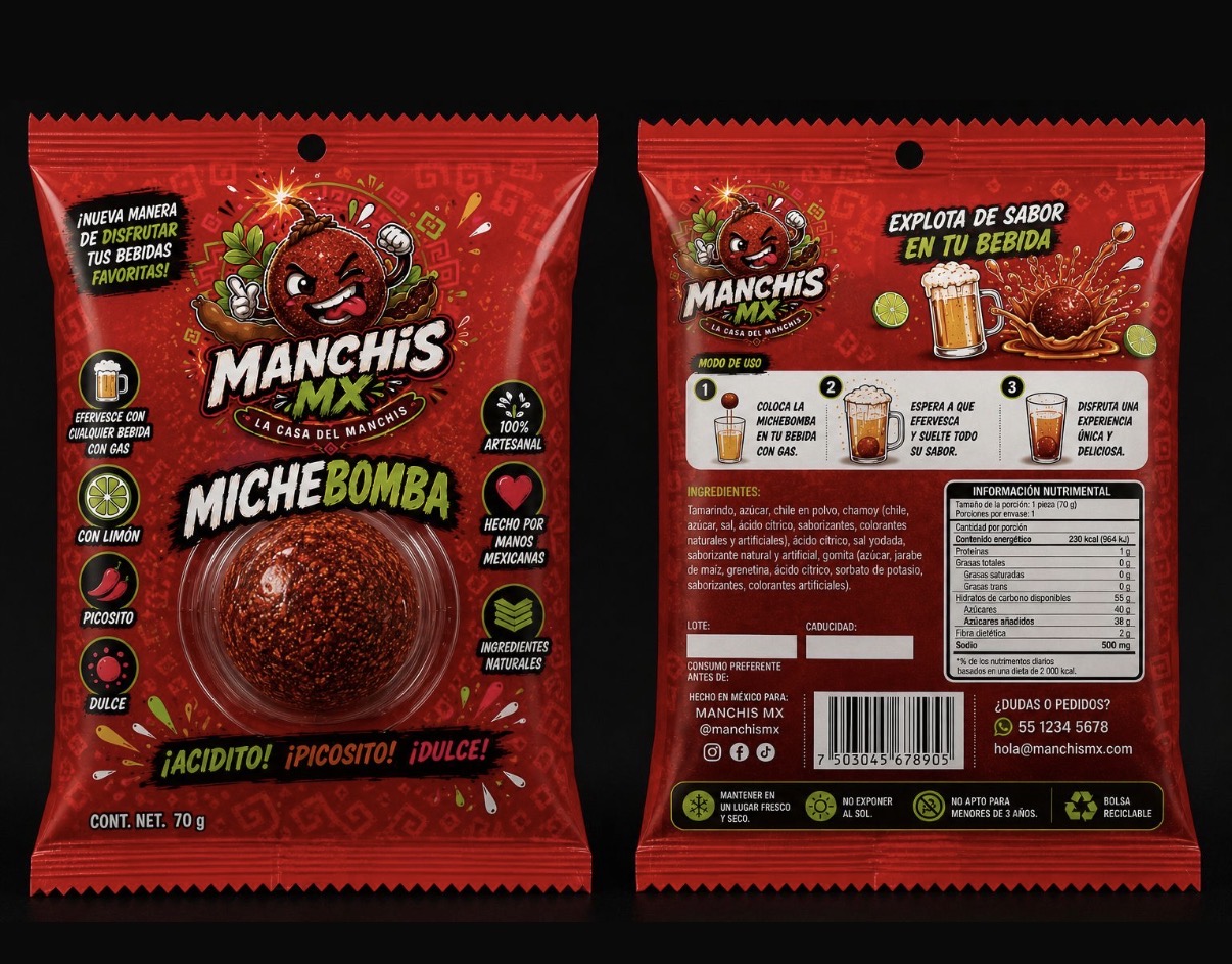Empaque individual de Michebomba MANCHIS MX de 70 g, frente y reverso