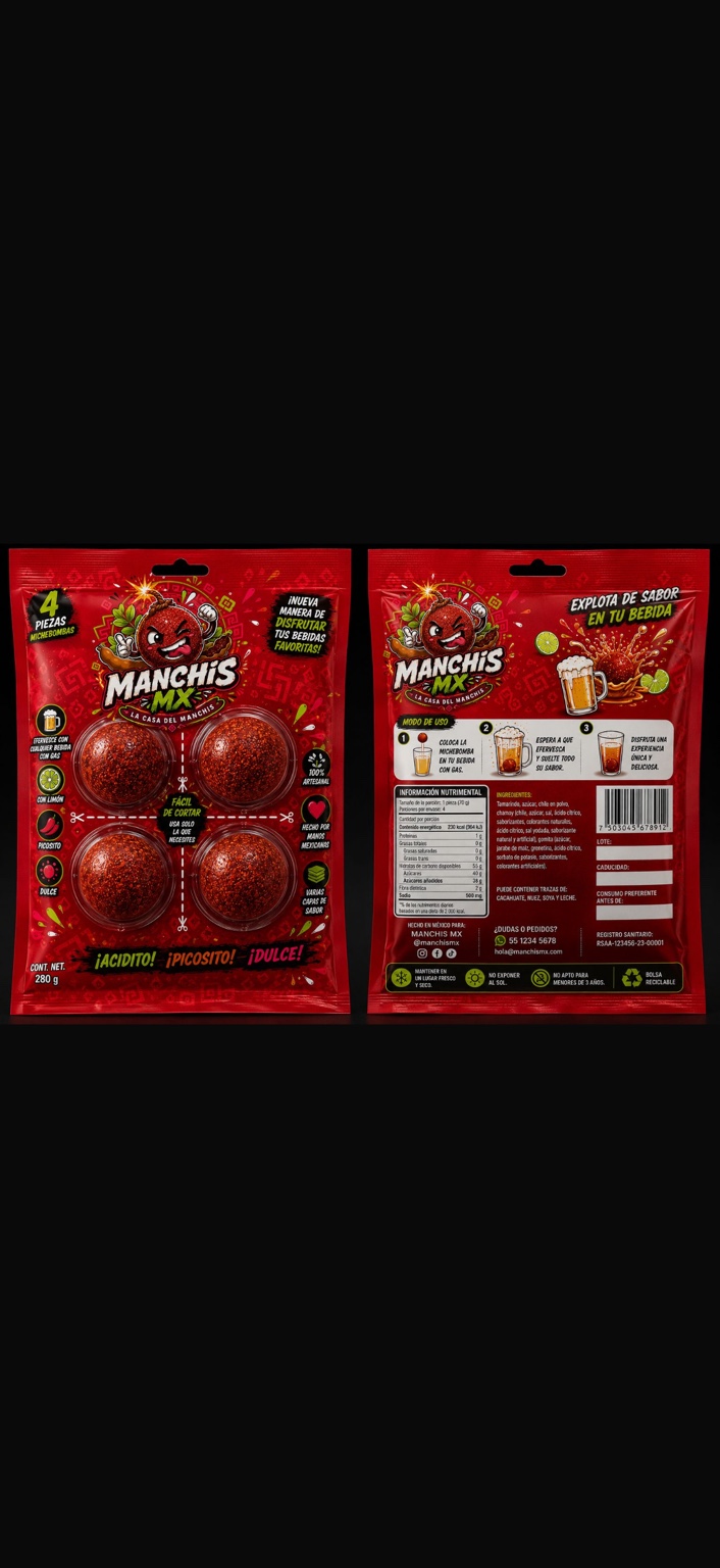 Pack de 4 Michebombas MANCHIS MX de 280 g, frente y reverso